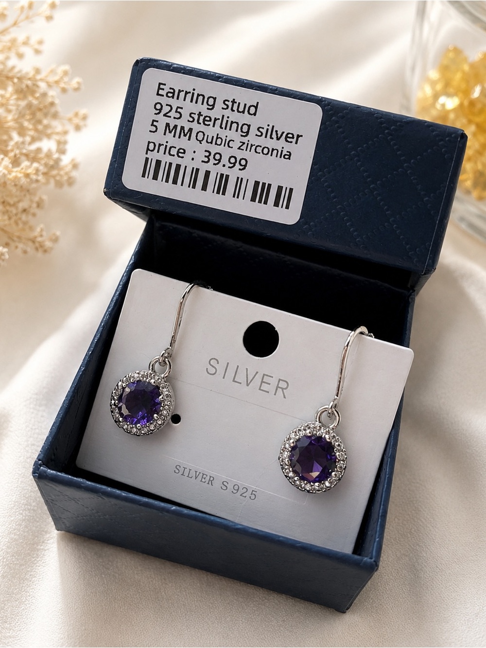 Sterling Silver Purple Halo Drop Earrings - 925 Silver